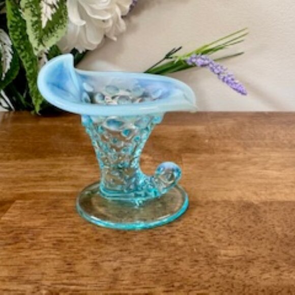 Vintage Blue Opalescent Hobnail Cornucopia Vase – Fenton Style Art Glass - Picture 2 of 5